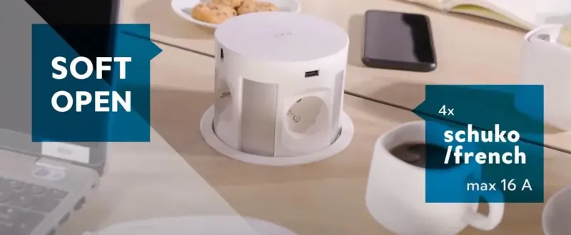 Priza de bucătărie subterană Indux Push cu îngropare la nivelul blatului, culoare neagră, cu 4 prize, 2 x USB, 2 x RJ45 și încărcare wireless 1208957420.