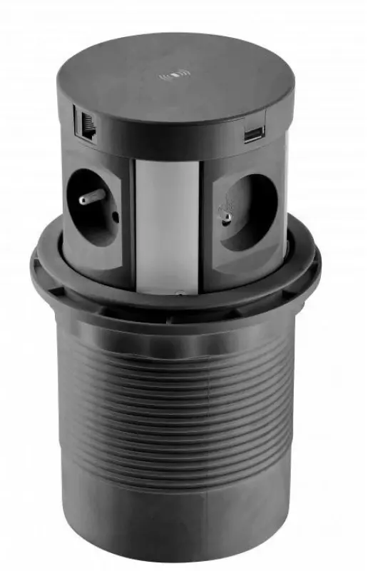 Indux Push priză de pământ retractabilă pentru bucătărie, neagră, în blat, cu 4 prize, 2 x USB, 2 x RJ45 și încărcare fără fir 1208957421