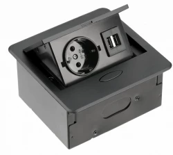 Priza de bucătărie Indux Flip Small cu împământare, încastrată în blatul sau în dulapul de deasupra, culoare neagră mat, cu 2 încărcătoare USB.