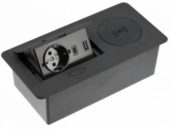 Priza de bucătărie cu împământare Indux Flip, blat de lucru, negru mat, cu încărcător wireless și 2 porturi USB, 1208957427.