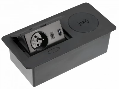 Priza de bucătărie Indux Flip cu împământare încorporată în blat, negru mat, cu încărcare fără fir și 2 încărcătoare USB 1208957428