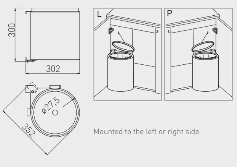 Coș de gunoi încorporabil Garbi Round R-40-1, 11 litri, se poate monta atât pe partea stângă, cât și pe partea dreaptă, 1208957471.