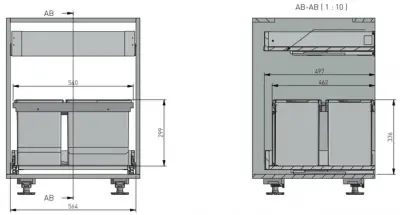 Sistem de sortare a gunoiului Garbi Basket B-60-4-H pentru sertar de 60cm, inclusiv suport și 4 coșuri de gunoi 1208957472.