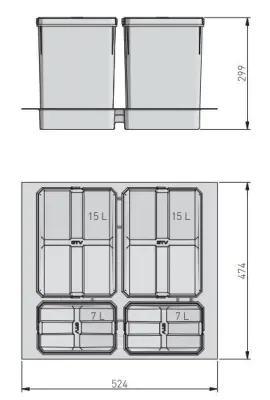 Sistemul de sortare a gunoiului Garbi Basket B-60-4 pentru sertar de 60cm, inclusiv suport și 4 coșuri de gunoi.