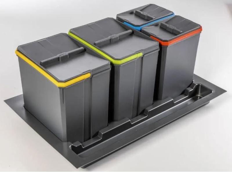 Sistemul de sortare a deșeurilor Garbi Basket B-80-4 pentru sertar de 80cm, inclusiv suport și 4 coșuri de gunoi.