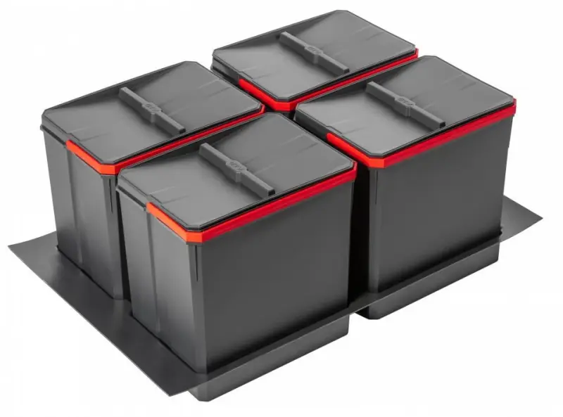 Sistemul de sortare a deșeurilor Garbi Basket B-80-4-G pentru sertar de 80 cm, inclusiv suport și 4 x 15 litri coșuri de gunoi.