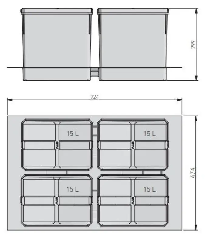 Sistemul de sortare a deșeurilor Garbi Basket B-80-4-G pentru sertar de 80 cm, inclusiv suport și 4 x 15 litri coșuri de gunoi.