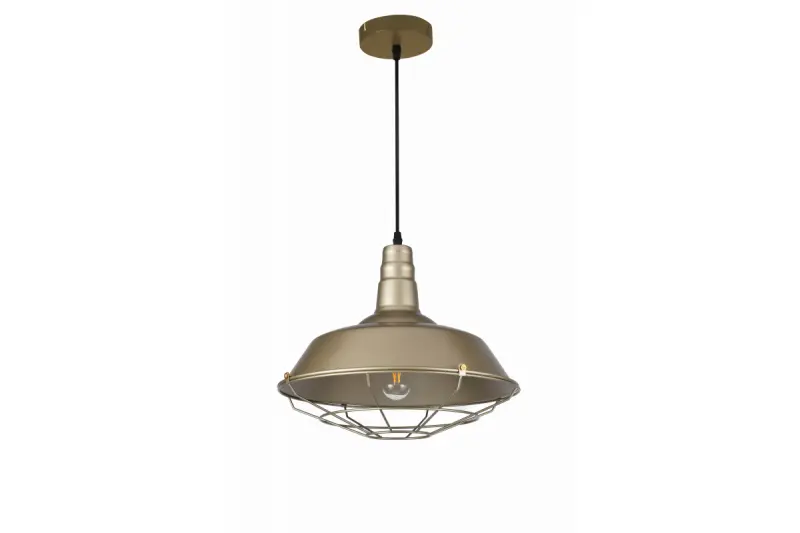 Lustra Decor Solen are o formă industrială cu rețea aurie, având un diametru de 36,5 cm, cod 3703.