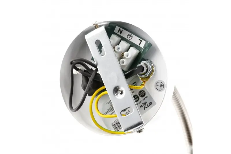 Lampă de perete Decor Etore albă cu braț metalic, diametru de 11 cm, anul 1952.