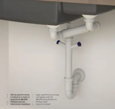 Ausmann Siphon Sifonul dublu pentru chiuveta de bucătărie cu economie de spațiu, cu aerisire și 2 racorduri pentru mașina de spălat vase 1208957662