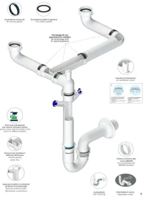 Ausmann Siphon Sifonul dublu pentru chiuveta de bucătărie cu economie de spațiu, cu aerisire și 2 racorduri pentru mașina de spălat vase 1208957662