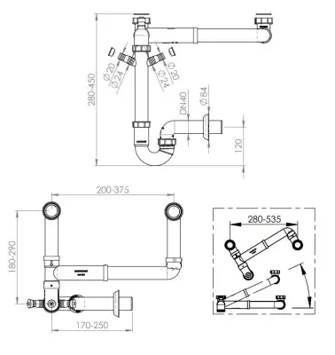 Ausmann Siphon Sifonul dublu pentru chiuveta de bucătărie cu economie de spațiu, cu aerisire și 2 racorduri pentru mașina de spălat vase 1208957662