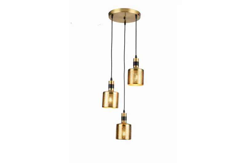 Decorațiunea Bellis este un candelabru suspendat cilindric negru și aurit, cu 3 surse de lumină, model 4680.
