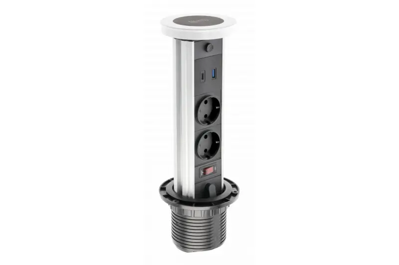 Indux Lift încastrabilă în blatul de lucru, cu împământare perimetrală albă, priză de bucătărie cu iluminare, 2 x USB și încărcare wireless 1208957838.