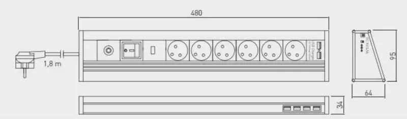 Indux Corner colțul și priza independentă din aluminiu cu 6 prize de pământ și 6 USB 1208957851.