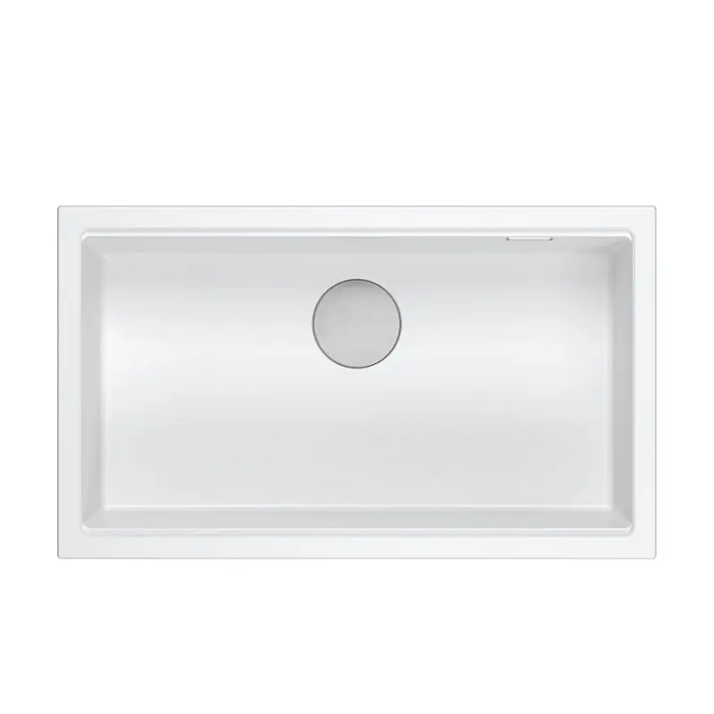 Traducere în limba română: Chiuvetă Quadri Newport II mare și adâncă, din granit, montată pe blat și sub blat, chiuvetă albă, dimensiuni 76x45, 1208957854.