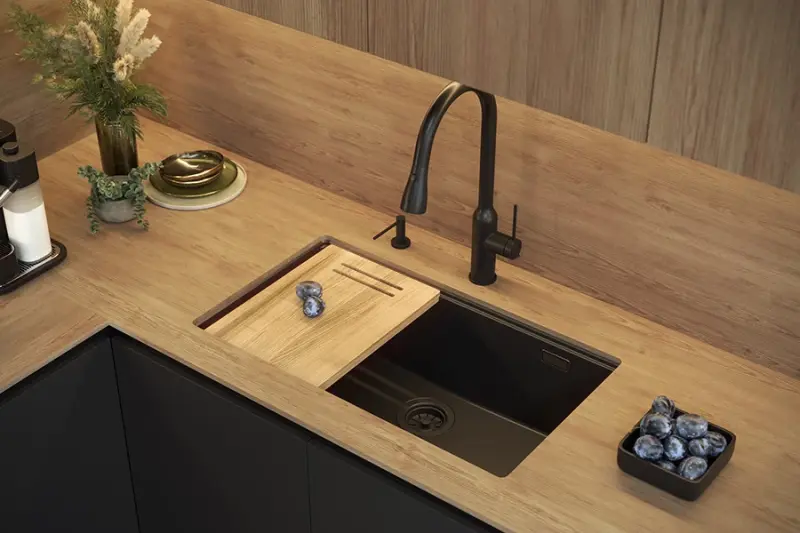 Cuadro Newport II, chiuvetă mare și adâncă, din granit, montată pe blat sau sub blat, chiuvetă neagră, dimensiuni 76x45, 1208957855.