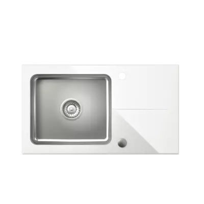Blat cu chiuvetă din oțel inoxidabil Quadri Glazz, cu zonă de scurgere din sticlă albă, reversibilă, 77x44 1208957863.