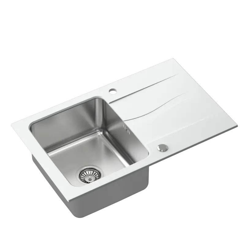 Cascadă de amestec Quadri, cu chiuvetă din oțel inoxidabil și zonă de scurgere din granit alb, 78x48 reversibilă 1208957868.