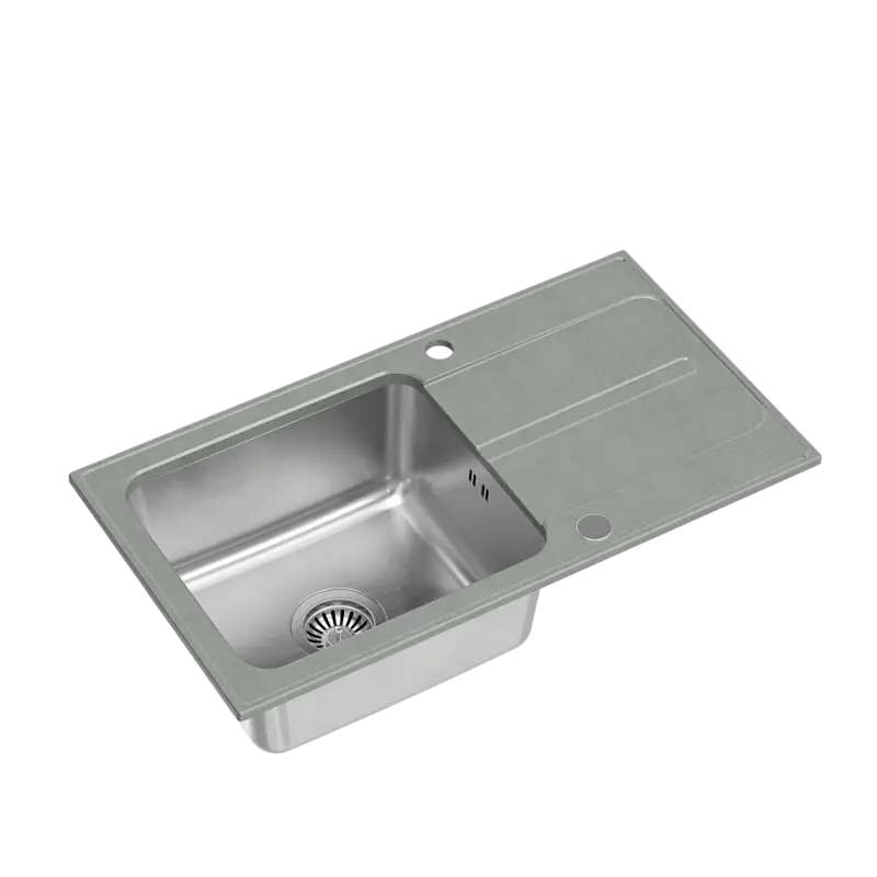 Cuva de inox cu adaos de granit de culoare argintie, cu sistemul Quadri Fusion, cu suprafață de scurgere de 78x43 cm, reversibilă. Cod produs: 1208957880.