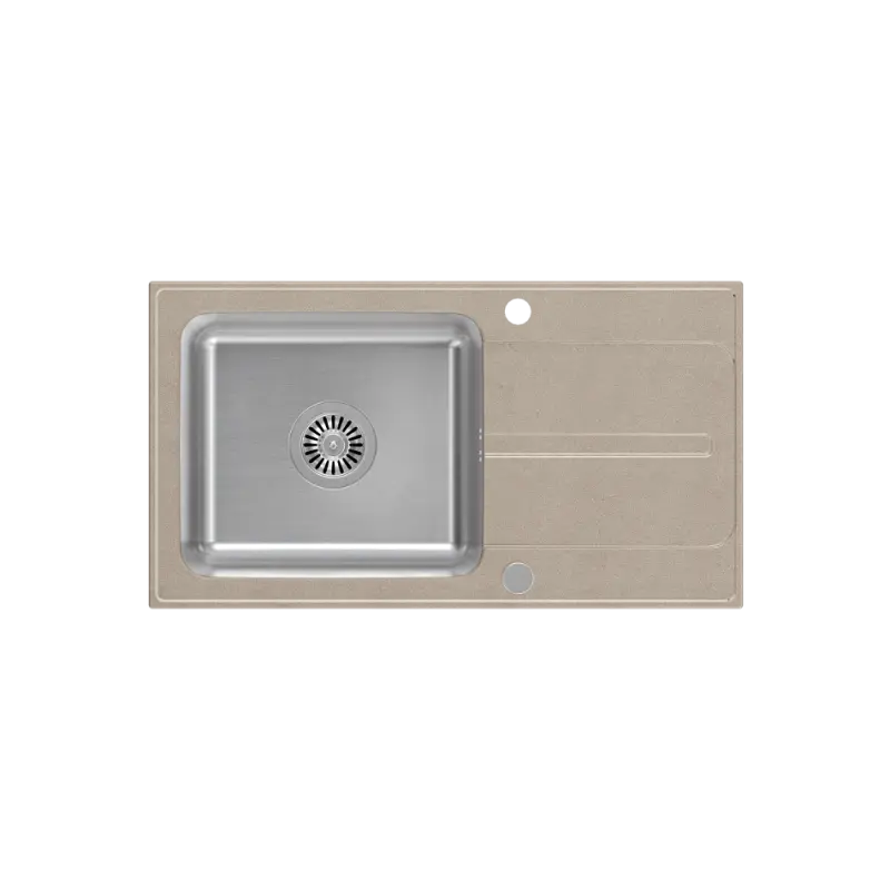 Combinație de chiuvetă din oțel inoxidabil Quadri Fusion cu zonă de scurgere din granit bej, reversibilă, dimensiuni 78x43, cod 1208957881.