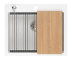 Chiuveta de montaj pe blat Quadri Durham din granit alb, dimensiuni 595x500, cu dozator de săpun, tocător și suport pentru role, cod 1208957903.