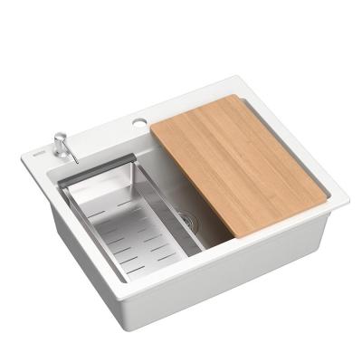 Chiuveta Quadri Durham albă din granit 595x500 cu dozator de săpun, tocător, covoraș rulant, lavoar încorporat și covoraș rulant 1208957903