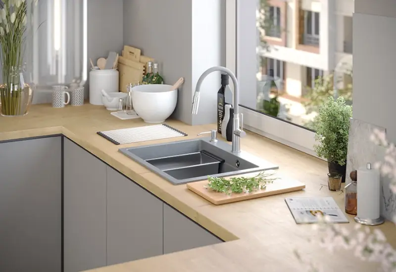 Chiuveta Quadri Durham albă din granit 595x500 cu dozator de săpun, tocător, covoraș rulant, lavoar încorporat și covoraș rulant 1208957903