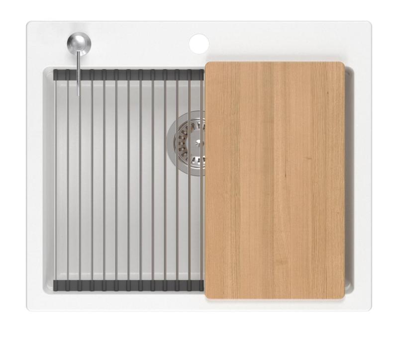 Chiuveta Quadri Durham albă din granit 595x500 cu dozator de săpun, tocător, covoraș rulant, lavoar încorporat și covoraș rulant 1208957903