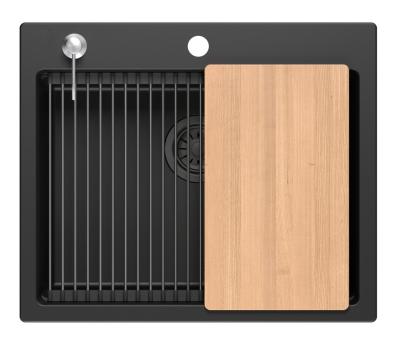 Quadri Durham chiuvetă de montaj suprafață granit negru 595x500 cu dozator de săpun, tocător, chiuvetă inserabilă și covoraș rulant 1208957904