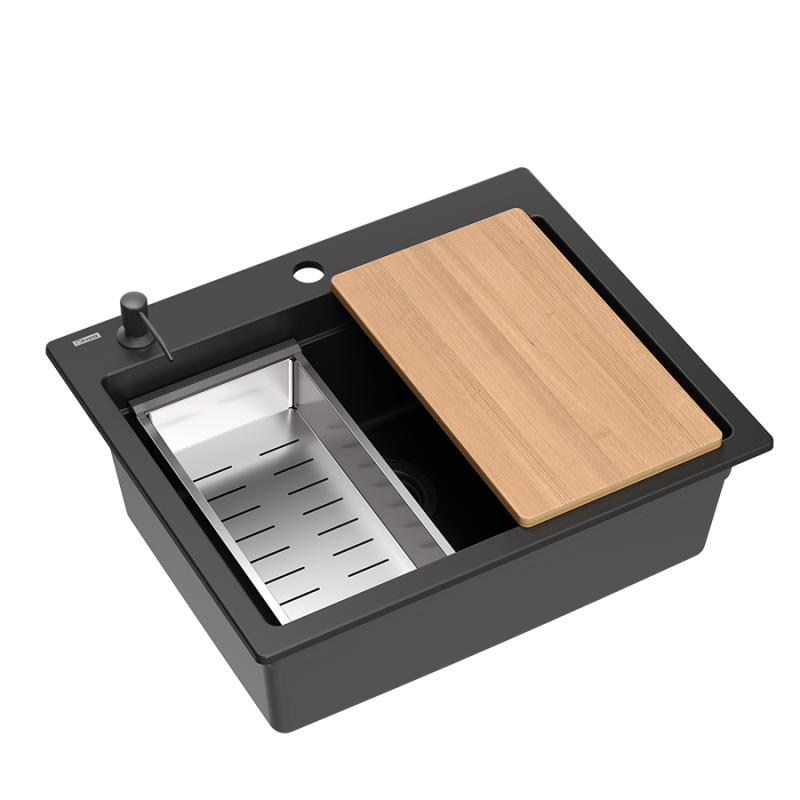 Quadri Durham chiuvetă de montaj suprafață granit negru 595x500 cu dozator de săpun, tocător, chiuvetă inserabilă și covoraș rulant 1208957904