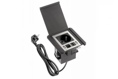 Priza de perete Indux Flip, mătăsoasă neagră, cu împământare, 2xUSB A, 1xRJ45 și conectare HDMI, negru 1208957915