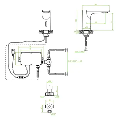 Robinetele electronice Aquadesign Sensor sunt disponibile în două variante: alimentare pe baterii sau alimentare la rețeaua electrică. Acestea sunt realizate din crom și au codul de produs 12