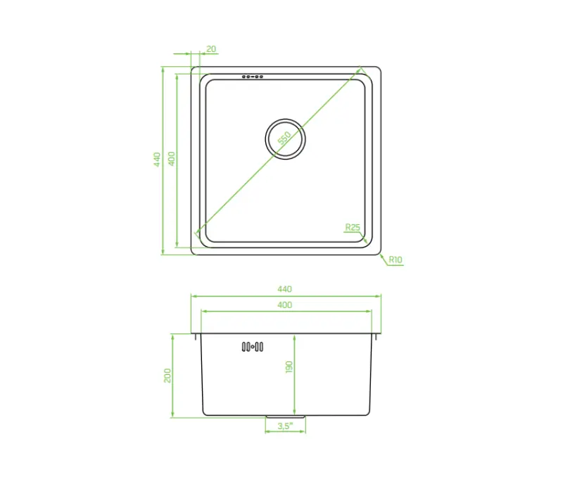 Aquadesign R25 chiuvetă cu montare pe blat, sub blat și încastrată, din oțel inoxidabil, 40 x 40 cm, 1208958206