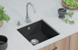 GraniteMy Universele granieten zwarte spoelbak 40x40 cm zwart, opbouw, onderbouw en vlakbouw met roestvrijstalen plug 1208958318