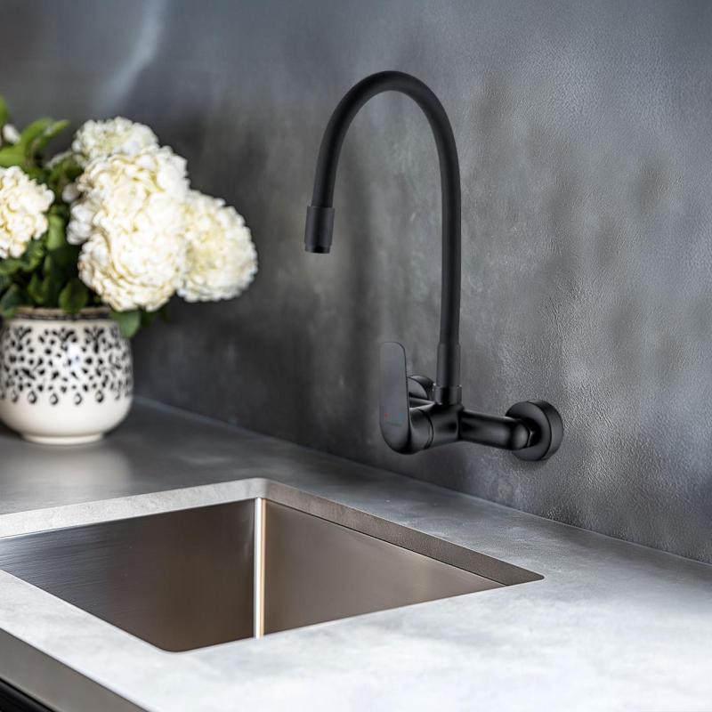 Aquatrimo Chopin robinet de perete cu gura de scurgere înaltă flexibilă, negru mat 21CP8462SW