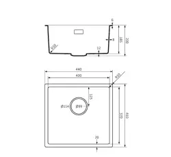Chiuveta sub blat Lorreine seria BQ, 44x41 cm, neagră, cu scurgere din oțel inoxidabil 40BQ37-FU-INOX.