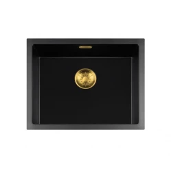 Lorreine BQ serie chiuvetă 55x45cm, montaj suprapus, negru cu dop auriu 50BQ-T-GOLD