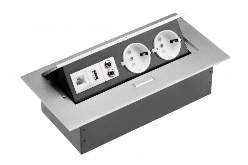 Cablu prelungitor pentru birou 2x priză schuko, priză USB, audio (banană), priză RJ45 (Ethernet), fără cablu, aluminiu 1208958663