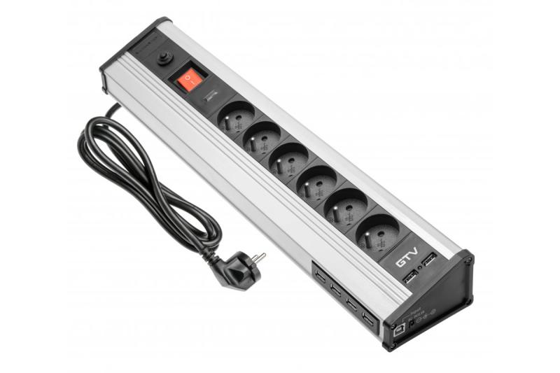 Cablu prelungitor MULTI pentru birou cu protecție la supratensiune, 6 prize cu împământare, 4 porturi USB 1208958684