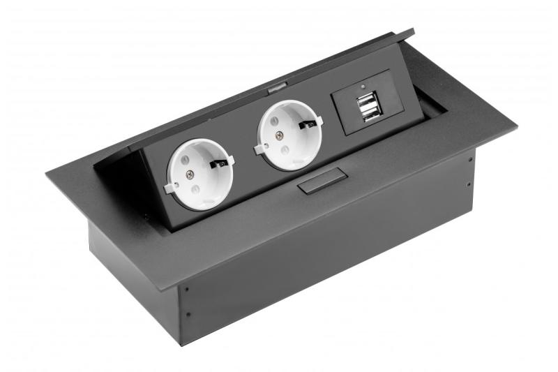 Cablu prelungitor pentru desktop, 2 prize Schuko, 2 porturi USB, fără cablu, negru 1208958686