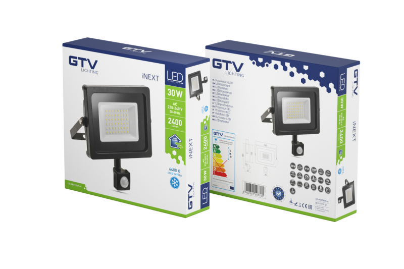 Proiector LED iNEXT cu senzor de mișcare 30W 2400lm, PF>0,9, RA>80, IP65, 120°, 6400K, corp negru 1208962860