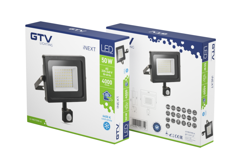 Proiector LED iNEXT cu senzor de mișcare 50W 4000lm, PF>0,9, RA>80, IP65, 120°, 6400K, corp negru 1208962862