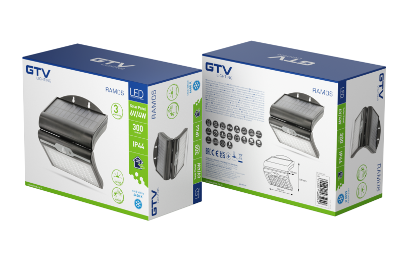 Lumina de fatada RAMOS Solar cu senzor de miscare / amurg, 50W, 300lm, 3,7V 1800mAh, IP44, 6000K, Negru 1208963115