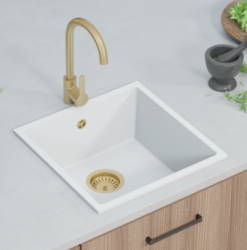 GraniteMy Universele granieten witte spoelbak 40x40 cm alb montare pe blat, submontare și montare la nivel cu dop din inox 1208966879