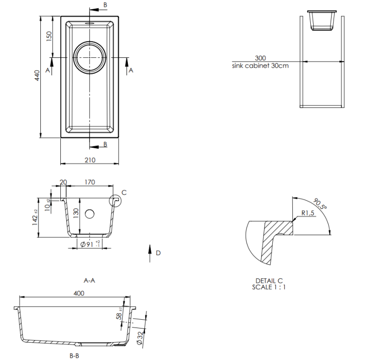 GraniteMy Universele granieten witte kleine spoelbak 17x40 cm wit, geschikt voor opbouw, onderbouw en vlakbouw, met roestvrijstalen plug 1208966953