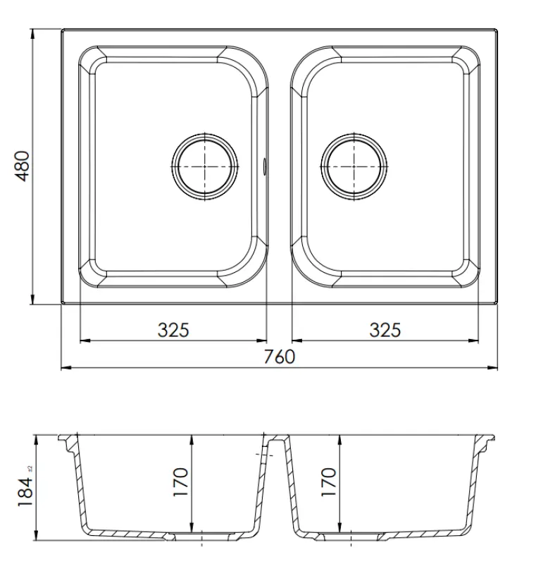 GraniteMy Dortmunt chiuvetă dublă din granit negru, montaj pe blat, 76x48 cm, cu scurgere neagră 1208967041
