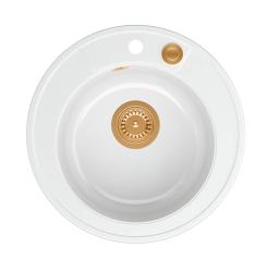 Cuva de granit alb Quadri Norwich rotundă, montare pe blat, cu dop de cupru și scurgere "push to open" 1208967042