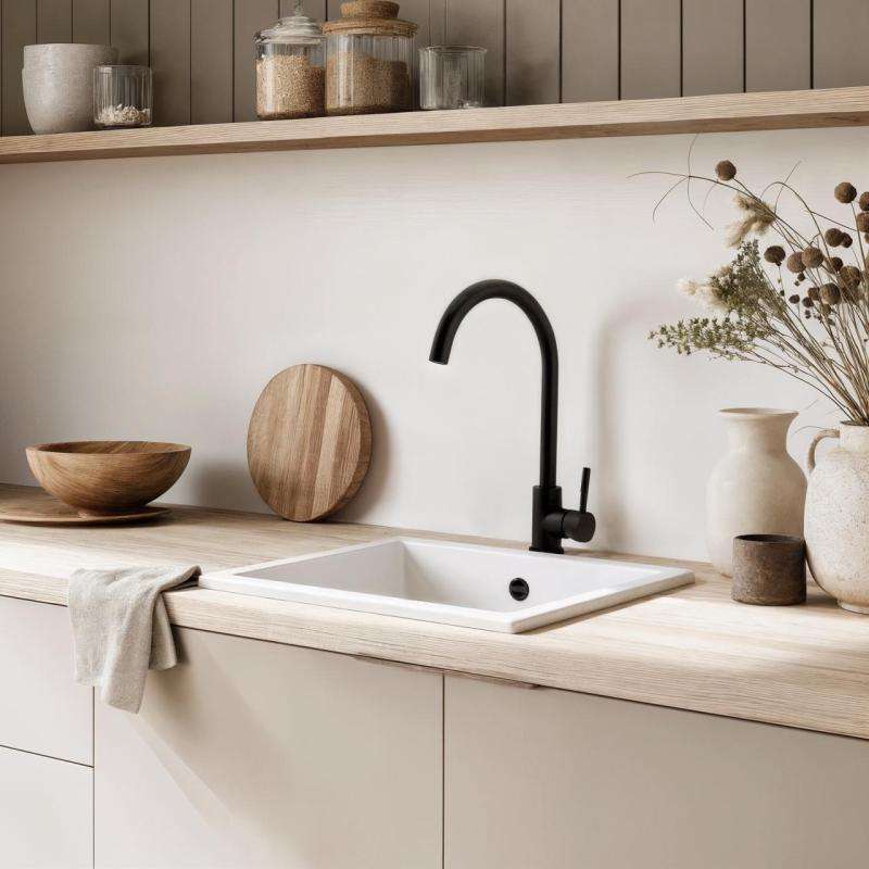 GraniteMy Universele witte granieten spoelbak 34x40 cm wit opbouw, onderbouw en vlakbouw met roestvrijstalen plug 1208967107