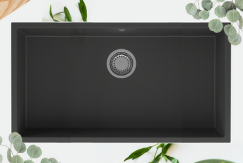 GraniteMy Universele grote zwarte granieten spoelbak 74x40 cm zwart, geschikt voor opbouw, onderbouw en vlakbouw, met roestvrijstalen plug 1208967110